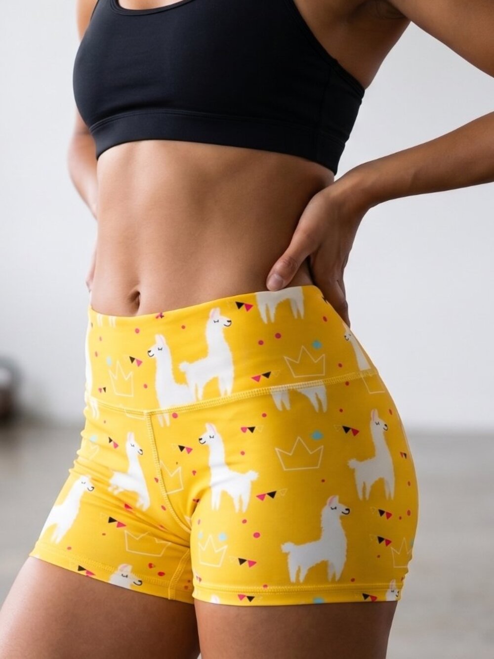 Sharkletics Yellow Llama Print Athletic Spandex Shorts - Size S (Fits XS)